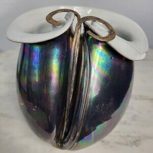 STUNNING VINTAGE IRIDESCENT STERLING SILVER FOLD OVER POTTERY CERAMIC VASE DISH
